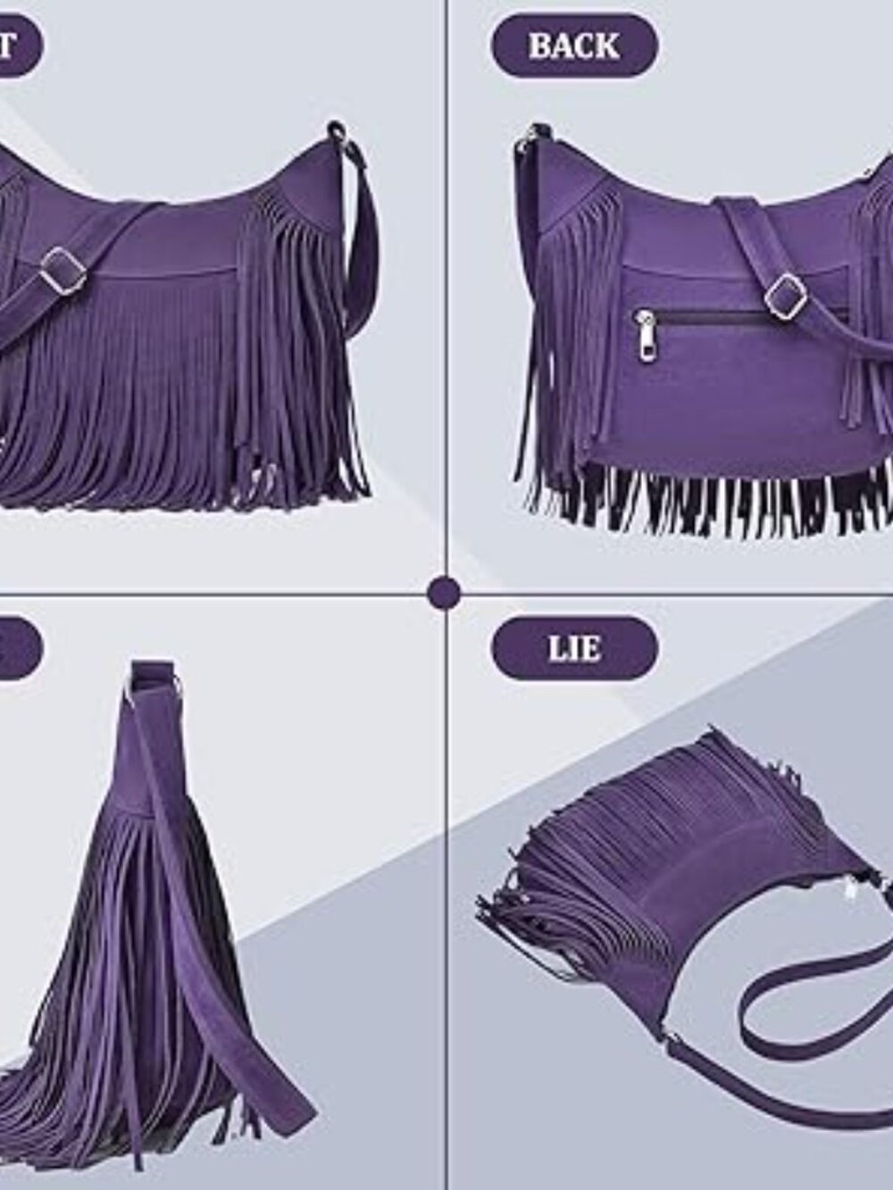 Boho Hobo Crossbody Bag Fringe‎ Tassel Western PU Leather Purse Purple - Picture 6 of 6